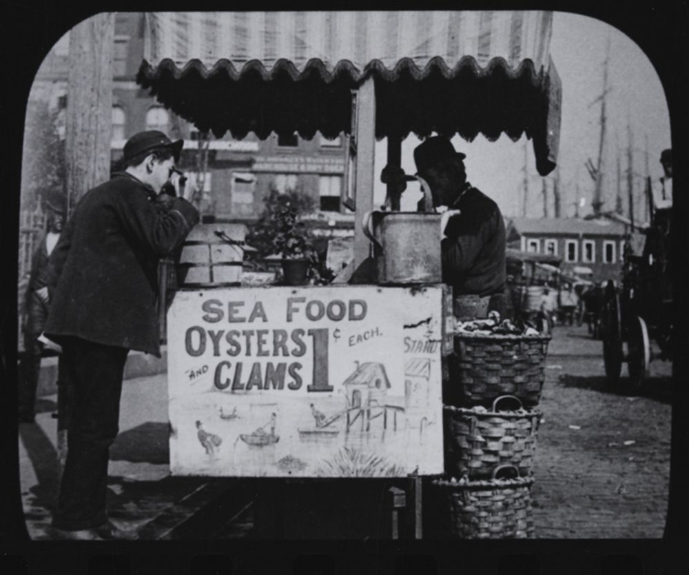 Oyster stand, 1900. "Oysters were so plentiful that they were sold for a penny a piece from street carts.  They were enjoyed by rich and poor alike." (Photo by Thomas H. McAllister. Courtesy of the Museum of the City of New York)